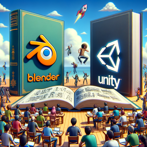 Create a combined image of the software blender and unity and should relate to sharing your skills